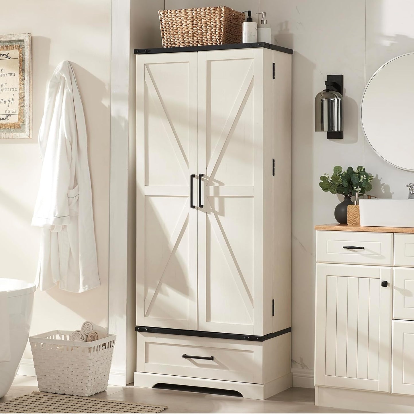 72" Farmhouse Kitchen Pantry Cabinet with Drawer, Tall Storage Cabinet with 2 Barn Doors and Shelves, Versatile Large Rustic Cupboard for Dining Room, Bathroom, Living Room, Laudry, White