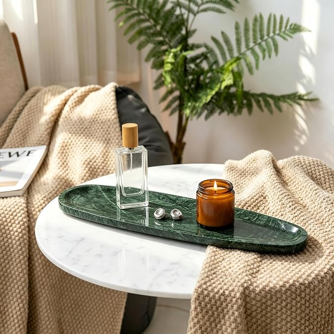Natural Marble Vanity Tray, 16.6"x4.6" Green Real Stone Decorative Tray for Bathroom Countertop & Home Decor, Catchall Organizer for Jewelry, Candles, Cosmetics & Perfume（Green）