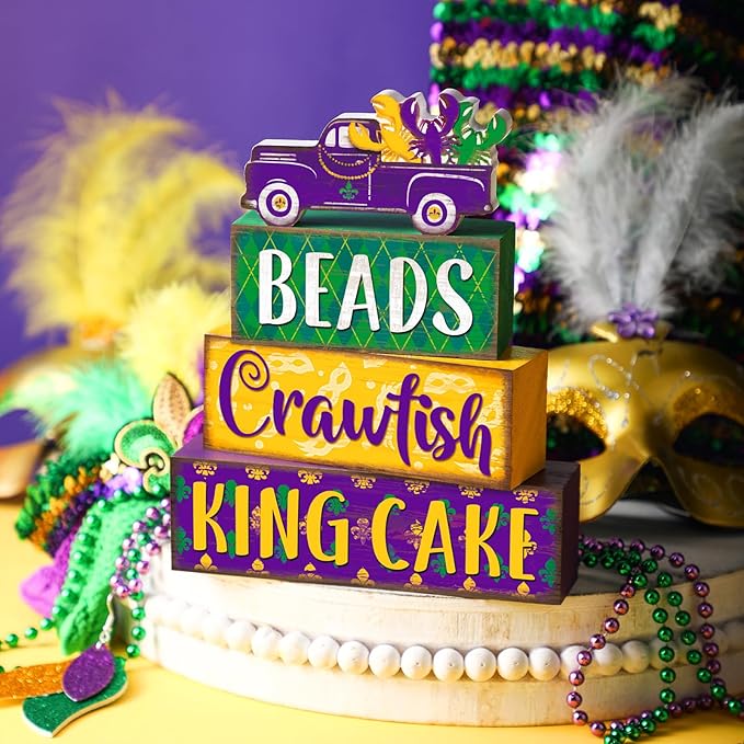 Marsui 4 Pcs Mardi Gras Decorations Mardi Gras Centerpieces Table Decorations Farmhouse Wooden Tabletop Blocks Sign for Home Party Rustic Tiered Tray Shelf Office Carnival Decor