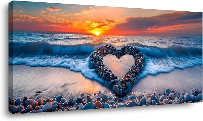Ggaafet Romantic Love Beach Wall Art for Living Room Canvas Painting Prints Romance Sunset Blue Sandbeach Art Deco Modern Artwork Office Bedroom Family Room Decor Large