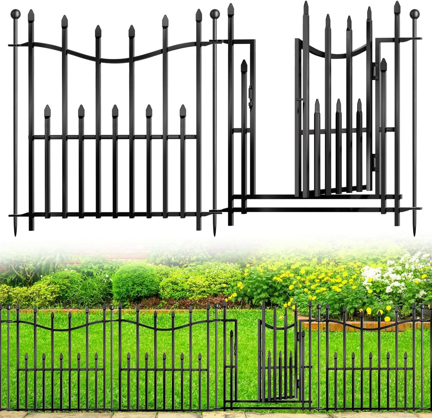 10 Panels No Dig Decorative Garden Fence with Gate, 24in(H) × 22ft(L) Heavy-Duty Rustproof Metal Panels, Outdoor Dog Barrier for Yard & Patio, Landscape, Border| Portable Temporary Fencing