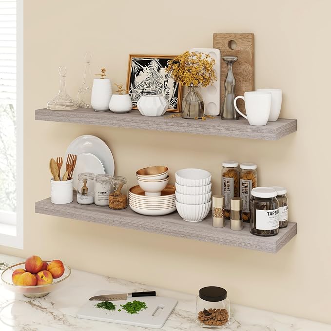 Acovy 40 Inch Floating Shelves, 9.3" Deep Floating Shelf Wall Mounted, 40" Wall Shelves, Rustic Deep Bookshelf, Large Display Shelves & Storage Shelves for Bedroom, Living Room, Gray, Set of 2