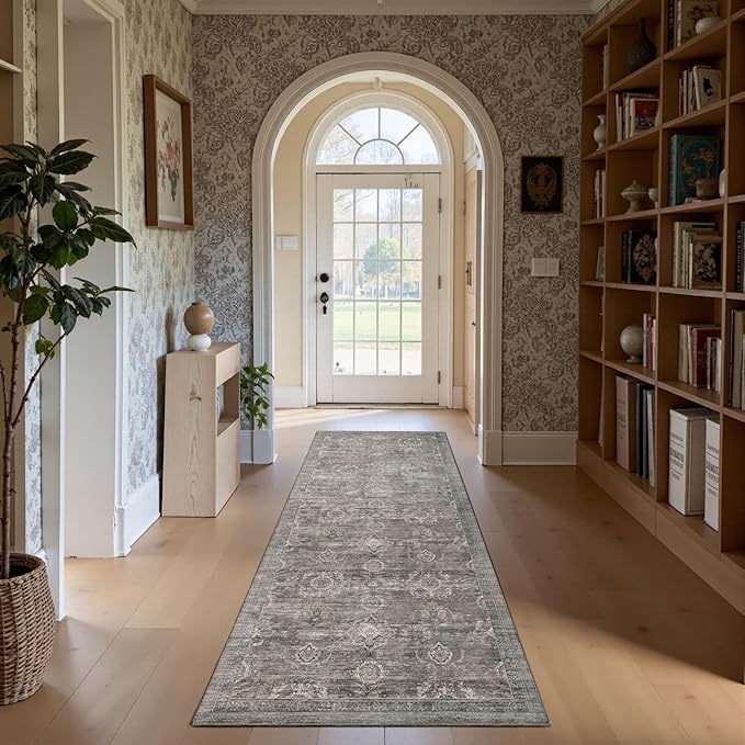 Rugxara 2x6 Runner Rug, Washable Kitchen Rugs, Grey Boho Vintage Floral Hallway Runner, Non Slip Low Pile Area Rug Carpet for Indoor Hallway, Kitchen, Laundry Room and Bathroom(Taupe/Grey 2x6ft)