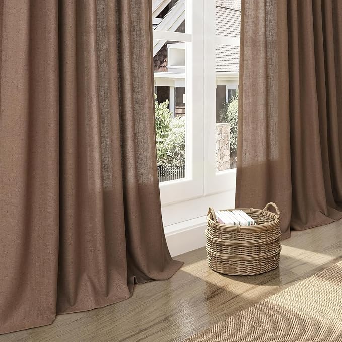 Caramel Brown Linen Curtains for Living Room Extra Long 126 Inches Long Back Tab Light Filtering Semi Sheer Curtain Vintage Rustic Decor Floor to Ceiling High Window for Bedroom 52x126, 2 Panels