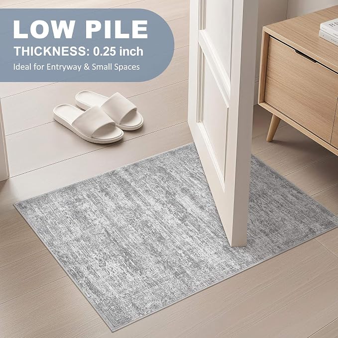 DMOYEST 2x3 Entryway Area Rug: Washable Neutral Modern Abstract Small Rug - Non-Slip Low Pile Throw Indoor Carpet for Entrance Kitchen Front Door Mat Bathroom Entry Kids Room - Vintage Grey