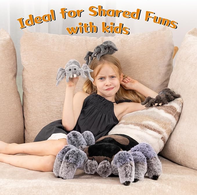 MorisMos 4Pcs Large Spider Plush, 16inch Mommy Spider Stuffed Animals with 3 Babies, Realistic Plush Toys, Soft Cuddly for Kids Boys Girls