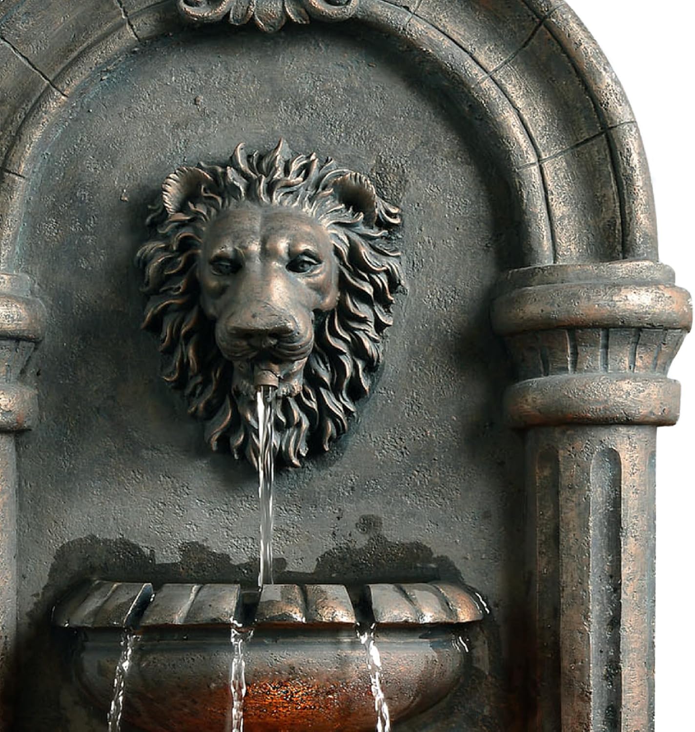 Teamson Home 32.1 in. Wall-Mounted Lion Head Stone LED Outdoor Water Fountain for Gardens, Landscaping, Patios, Balconies, Lawns to Create a Calming Oasis in Outdoor Living Spaces, Antique Bronze