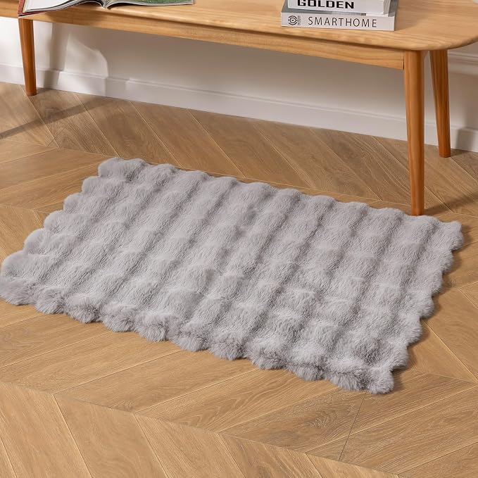 Ashler Faux Rabbit Fur Rug, Light Grey 2x3 FT Fluffy Soft Area Rugs, Rectangle Fuzzy Carpet for Living Room, Bedroom, Machine Washable - 3D Bubble Rug,