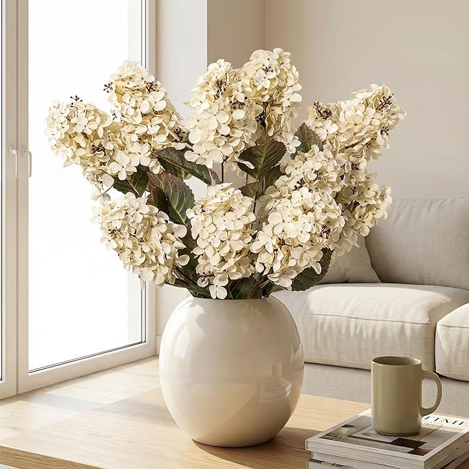 Ttranewsoo Hydrangea Artificial Flowers,Fall Hydrangeas Artificial Flowers, Fake Fall Dried Hydrangea Decoration,Faux Silk Flower with Stems Winter Decor Without Vase（Cream White 8PCS