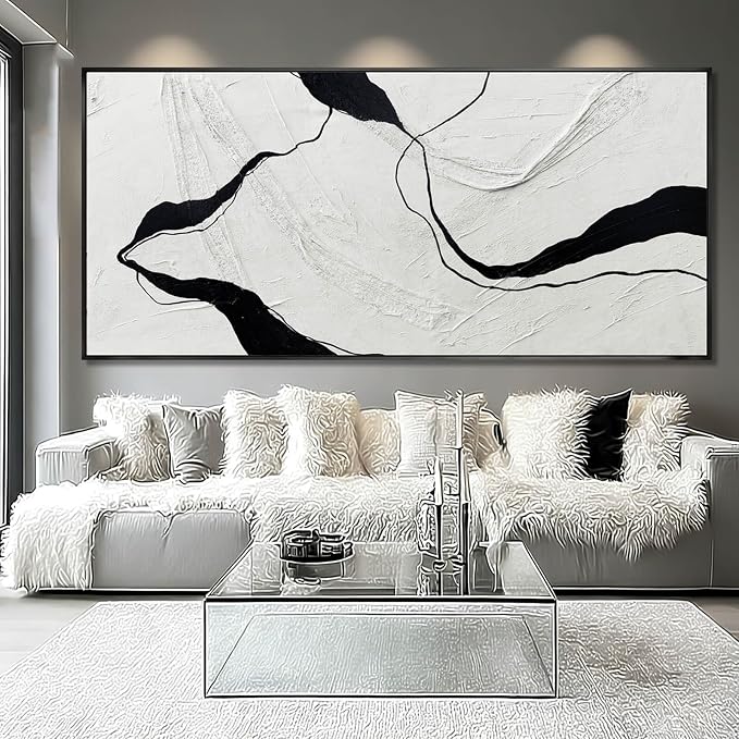 Extra Large Black Line Abstract Hand Painted Canvas Wall Art Gray and Black Minimalist Modern Painting with Framed for Living Room Bedroom Office Wall Decor 40x88 Inch