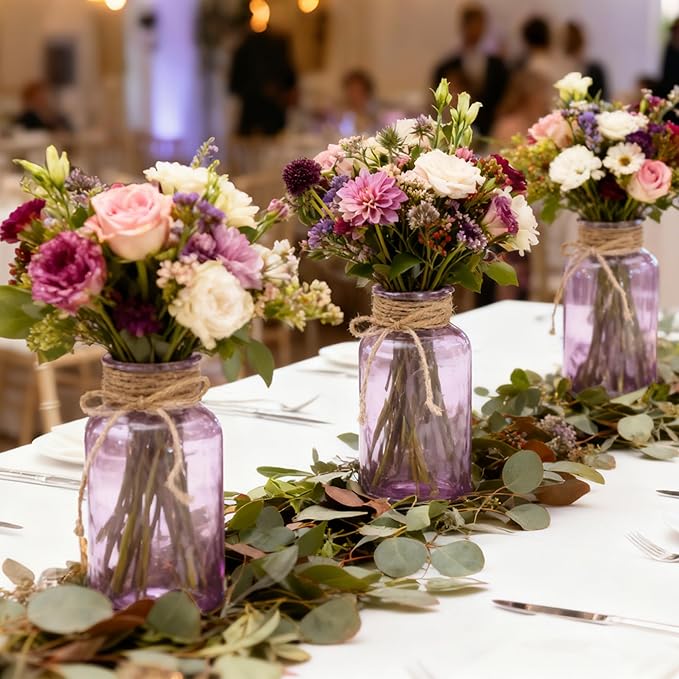 Vintage Glass Flower Vase, Farmhouse Glass Centerpiece Vases Mason Jars for Weddings, Parties & Home Decor Bulk (12, Purple)