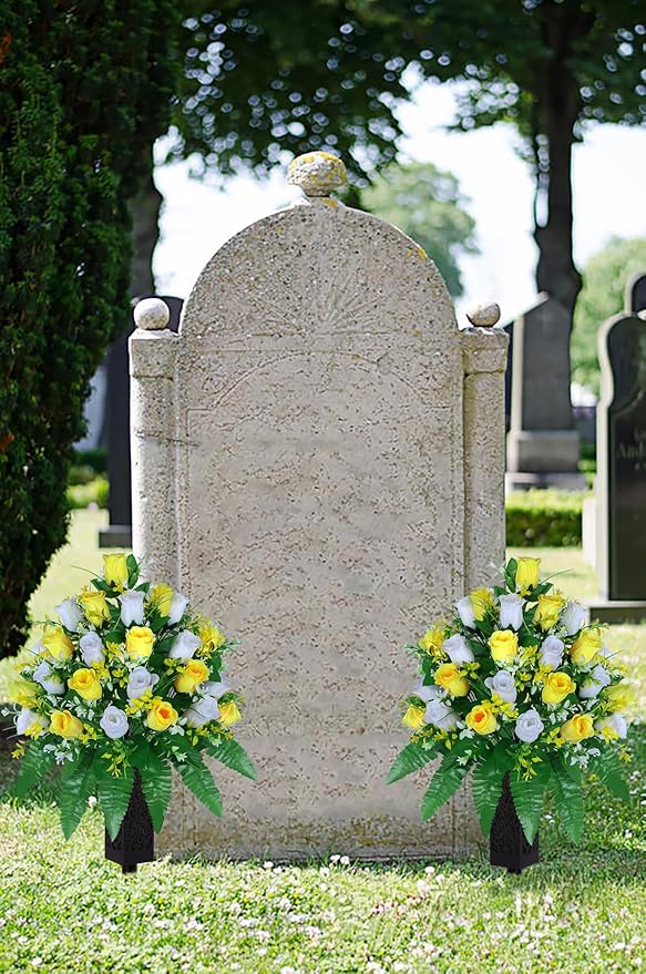 LVXINLI Artificial Cemetery Flowers, Gravesite Decoration Roses, Memorial Bouquets with Cemetery Vase, Vibrant and Long-Lasting Colors (Yellow+White, 2 Bundles)