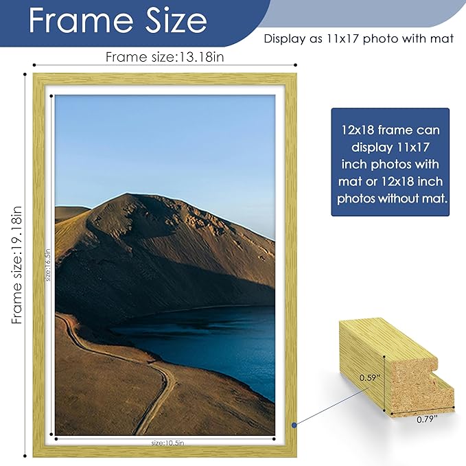 PEALSN 12x18 Picture Frame Set of 6, Display Pictures 11x17 with Mat or 12 x 18 without Mat for Wall Mounting Display, Photo Frames Collage for Wall Decor, Gold