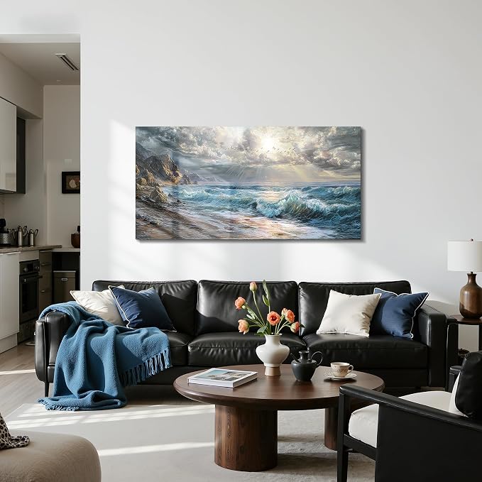 imjiayu Wall Art For Living Room, Ocean Beach Large Wall Decor, Coastal Seascape Painting Prints, Modern Sea Waves Landscape Pictures Canvas Artwork for Bedroom Office Home Decor 24" x 48"