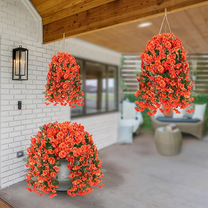 Sggvecsy Artificial Fake Hanging Flowers Plants for Outdoor Outside Spring Summer Decoration 2PCS Faux Silk UV Resistant Realistic Morning Glory Trailing Vines for Home Porch Patio Balcony(Orange)