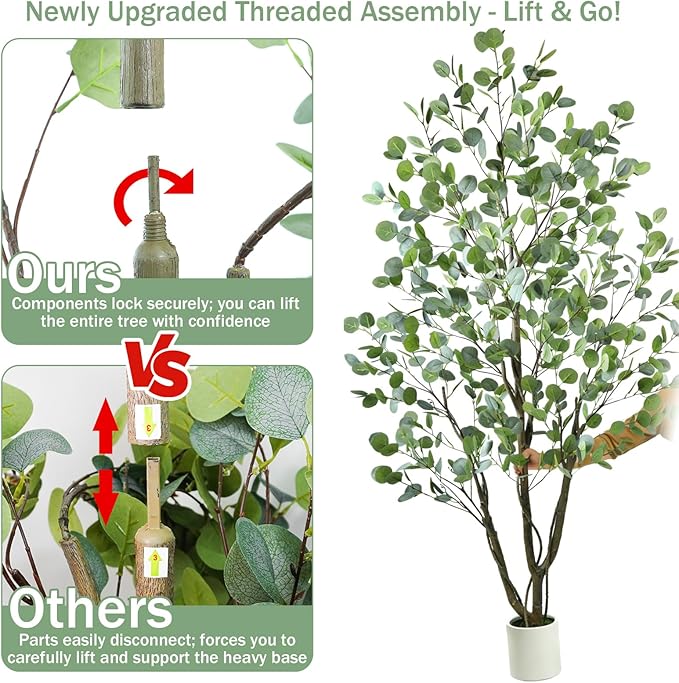 Caxchiling Artificial Eucalyptus Tree 6FT, Indoor Outdoor Faux Tree | Natural Trunk with White Planter for Home Office Living Room Front Door Decor