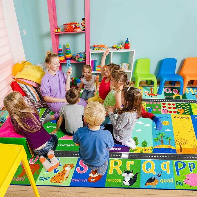 HOMORE Kids Educational Rug, 8x10 Kids Collection Area Rug for Learning Alphabet, Numbers, Colors, Season and Animal Words, Playmat for Classroom Playroom,Green