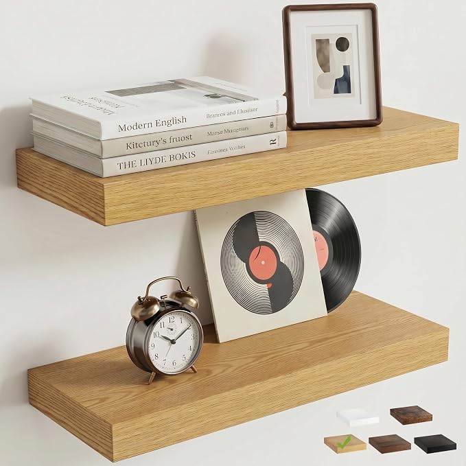 Venusmiles Floating Shelves for Wall, 16 Inch Floating Shelves Set of 2, 6.5" D Wooden Wall Mounted Display Shelves with Invisible Brackets for Living Room, Bedroom, Bathroom, Kitchen Decor, Oak