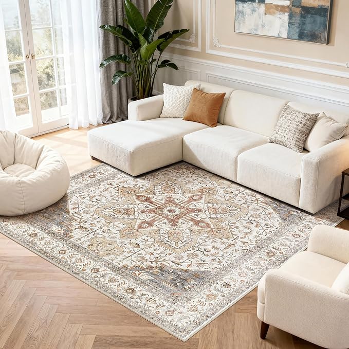 Tortania 8' Square Area Rug Living Room Rugs - Washable Boho Rug Vintage Oriental Distressed Farmhouse Large Thin Indoor Carpet for Bedroom Under Dining Table Home Office - Orange Multi