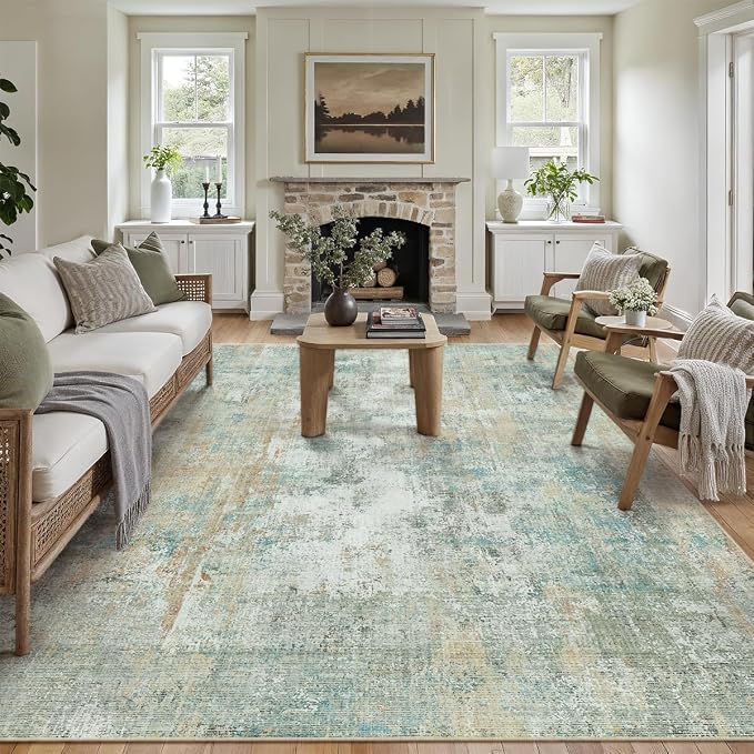 9x12 Washable Area Rug Teal Beige Abstract Non Slip Soft Low Pile Rug for Living Room Bedroom Dining Room Office Neutral Modern Indoor Large Throw Carpet for Home Decor