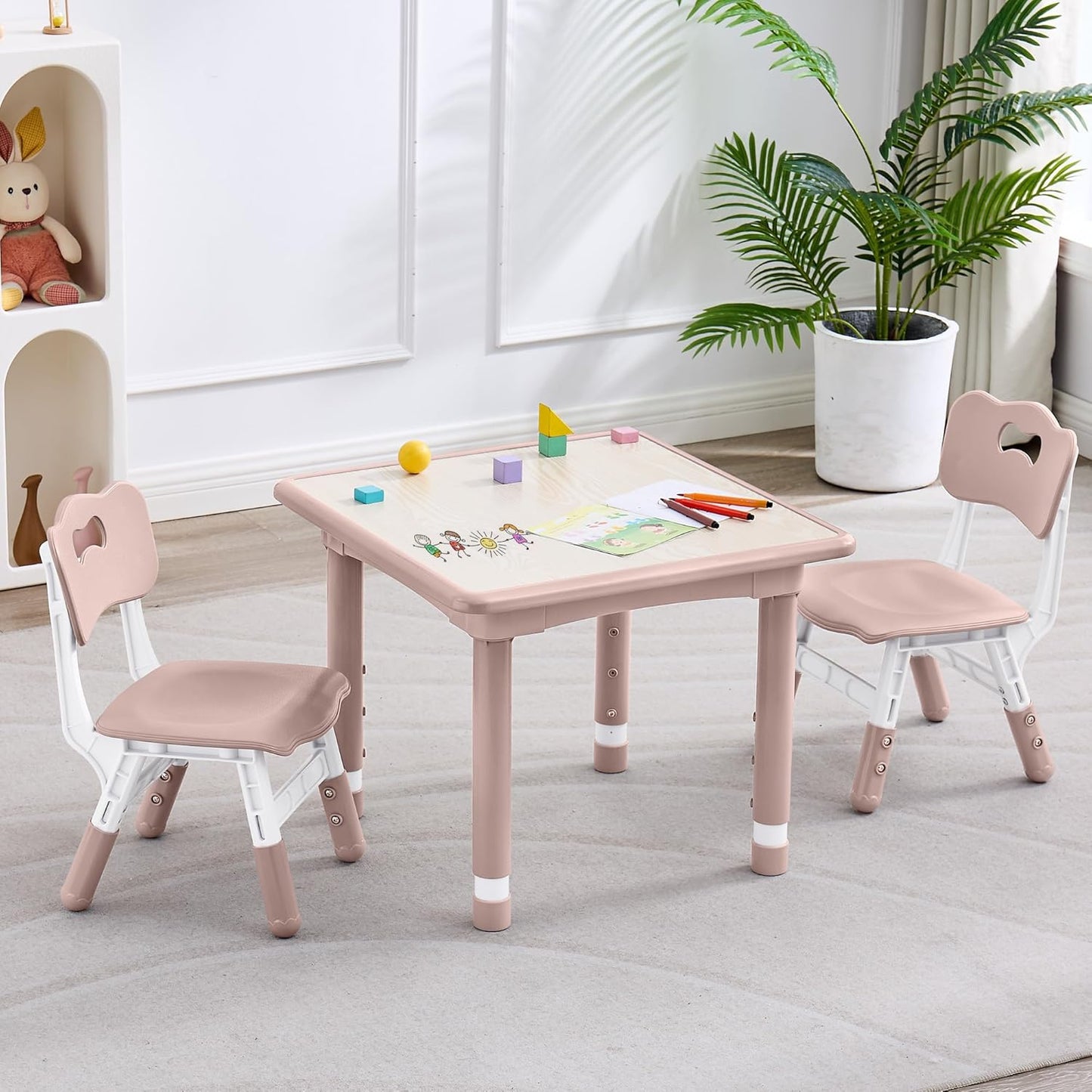 Kids Table and 2 Chairs Set, Height Adjustable (17.7"-26.1") Toddler Table and Chair Set, Multi-Activity Table with Graffiti Desktop, Children’s Table and Chairs for Classroom, Home & Daycare
