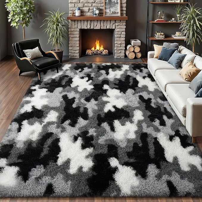 AROGAN Soft Fuzzy Kids Rugs for Girls Room Playroom 8x10 Feet, Fluffy Cute Colorful Princess Carpet for Kids Teens Nursery Toddler, Bedroom, Camouflage Black and White