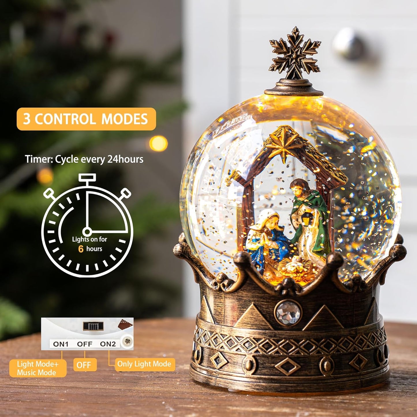 Christmas Snow Globe Lantern Water Glittering Nativity Crown with Music, USB Lined/Battery Operated Lighted Lantern for Christmas Festival Decoration Gifts