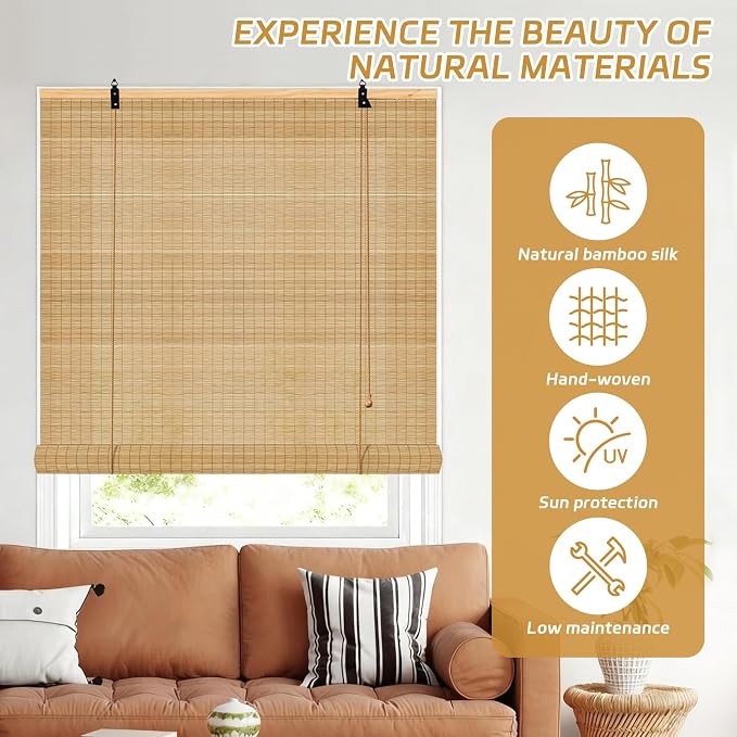 Bamboo Blinds for Interior Windows 36 Wide - Light Filtering Bamboo Roller Shades Natural Roman Shade, 72L Roll Up Blind for Windows, Easy to Install for Door, Patio, Bedroom