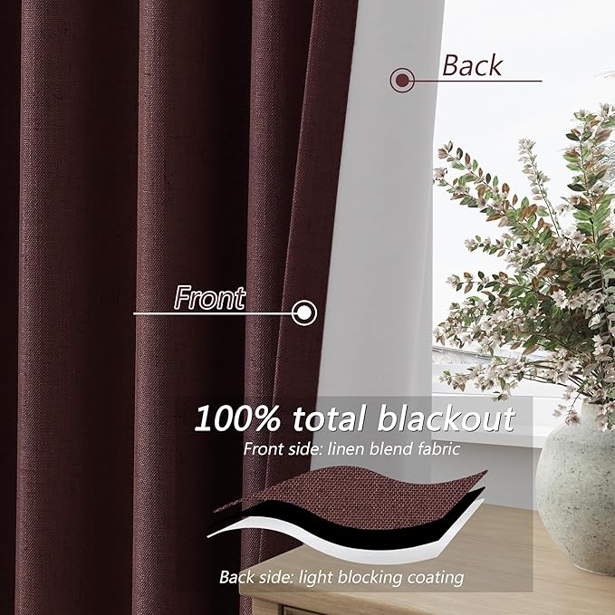 Guken 100% Blackout Curtains 108 Inch Length 2 Panels Set for Living Room Bedroom Back Tab Thermal Insulated Black Out Linen Drapes Room Darkening Reddish Brown,52x108