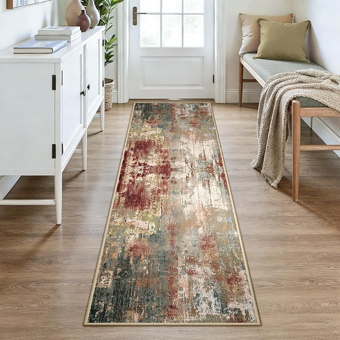 RELEANY Washable Area Rugs 2'6''x8 Non-Slip Modern Abstract Soft for Living Room Entryway Bedroom Nursery, Print Pattern, Brown Rust Red Green Blue Multi