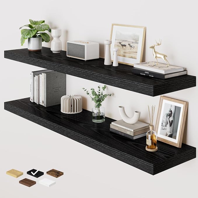 RICHFOCUS 55 Inch 12" D Floating Shelves for Wall 2 Pack Long Wall Shelves for Room Wall|Large Wood Hanging Shelf with Invisible Brackets for Bathroom Bedroom Kitchen Laundry Room, Black