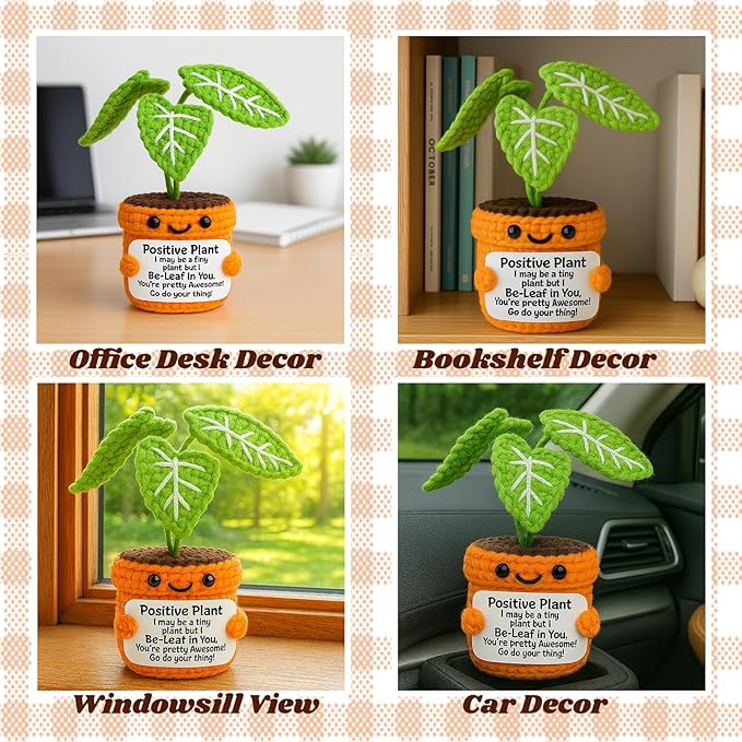 Crochet Positive Plant Inspirational Gifts for Women Coworker Plant Lovers Friends Home Office Gifts Desk Decor Handmade Knit Potted Bookshelf Decorations