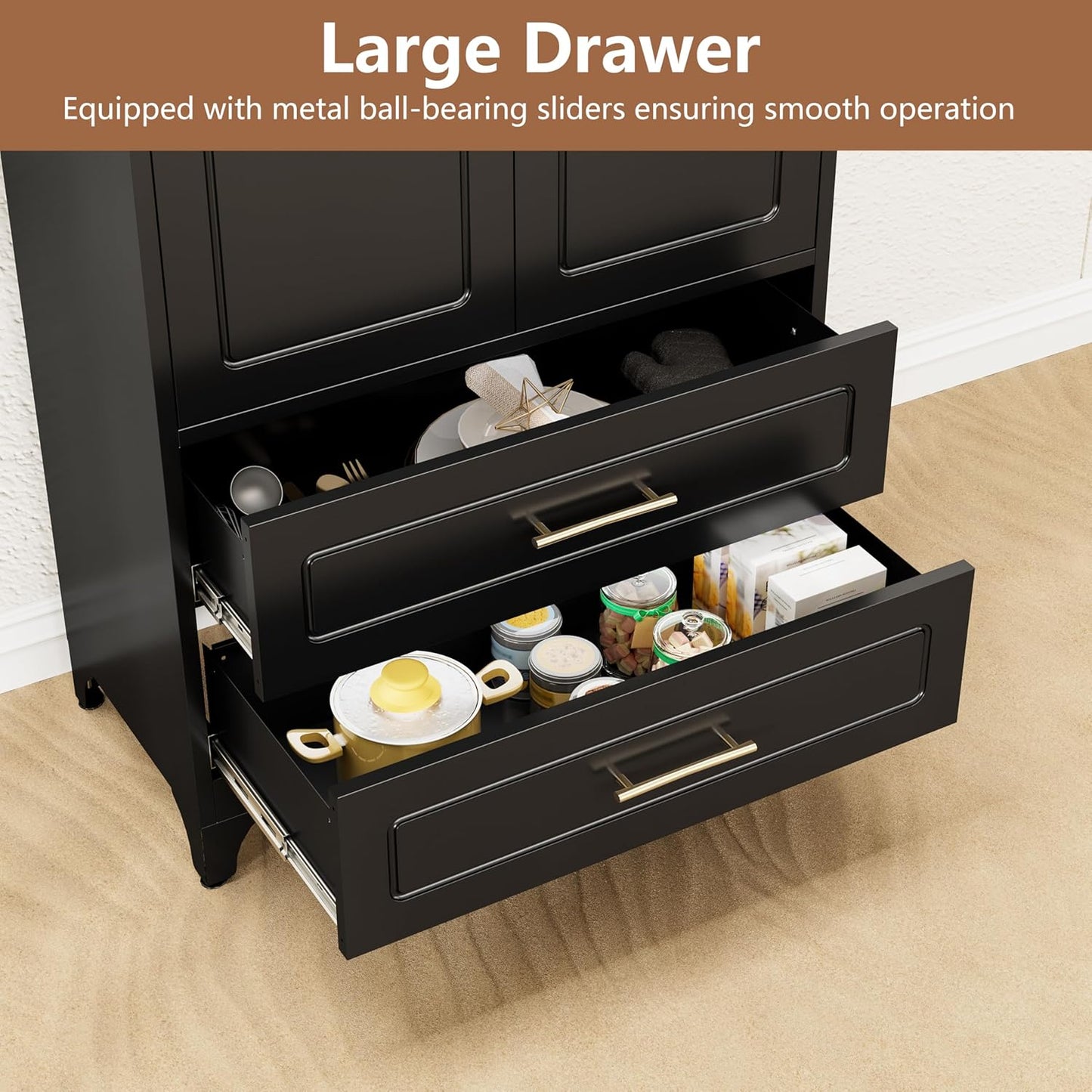 Kitchen Pantry Cabinet, 75" Tall Metal Pantry Cabinet with Two Drawers, Food Cupboards with Doors and Shelves, Freestanding Storage Cabinets for Dining, Living Room, Black, Assembly Required