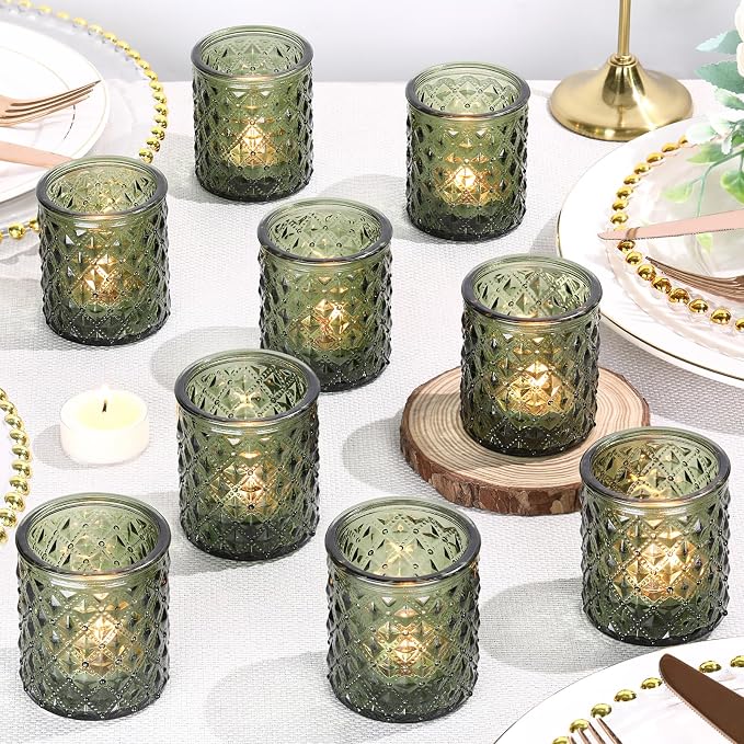 36 Pcs Green Votive Candle Holders, Green Tea Light Holders for Wedding and Dining Holiday Table Decor, Glass Candle Holders for Christmas Home Decoration, Vintage Parties and Gifts