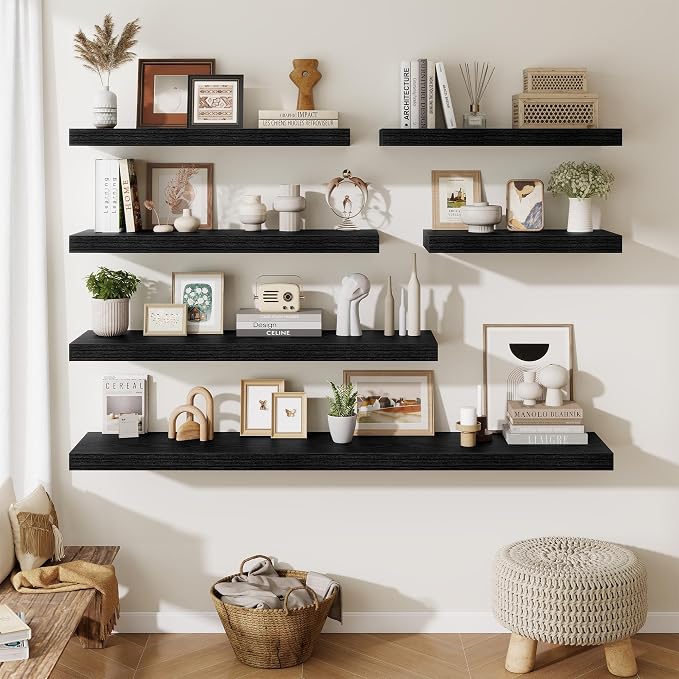 Fun Memories 48 Inch Floating Shelves for Wall - 12 Inch Deep Fireplace Mantel Shelf - Wood Floating Shelf for Wall - Large Storage Shelves Wall Mount for Living Room & Bedroom - Black - Set of 1