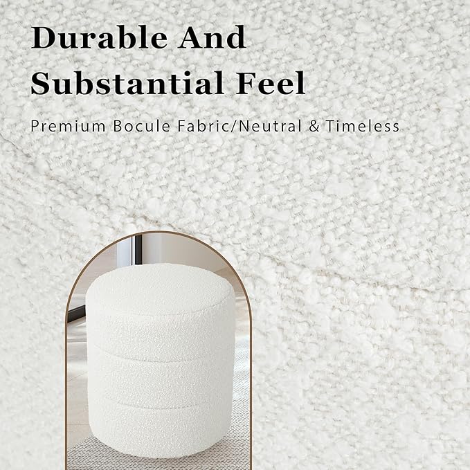 HomePop Upholstered Round Ottoman (No Lid, Seat Only) | HomePop Home Décor | Round Pouf Foot Rest – Cream Boucle