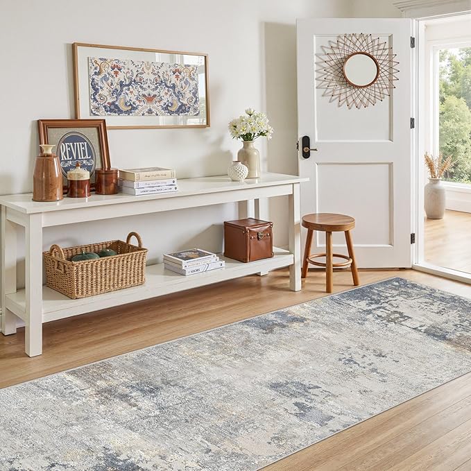 UERMEI 3X10 Washable Runner Rug for Hallway: Soft Neutral Modern Abstract Area Rug - Non-Slip Low Pile Long Throw Indoor Carpet for Kitchen Entryway Kitchen Bedroom Laundry - Blue Grey