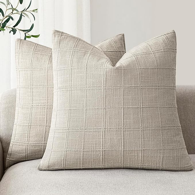Foindtower Set of 2 Decorative Linen Check Throw Pillow Covers Neutral Farmhouse Vintage Cushion Covers Modern Coastal Boho Home Decor for Sofa Chair Couch Bedroom Living Room,20×20 Inch,Light Grey