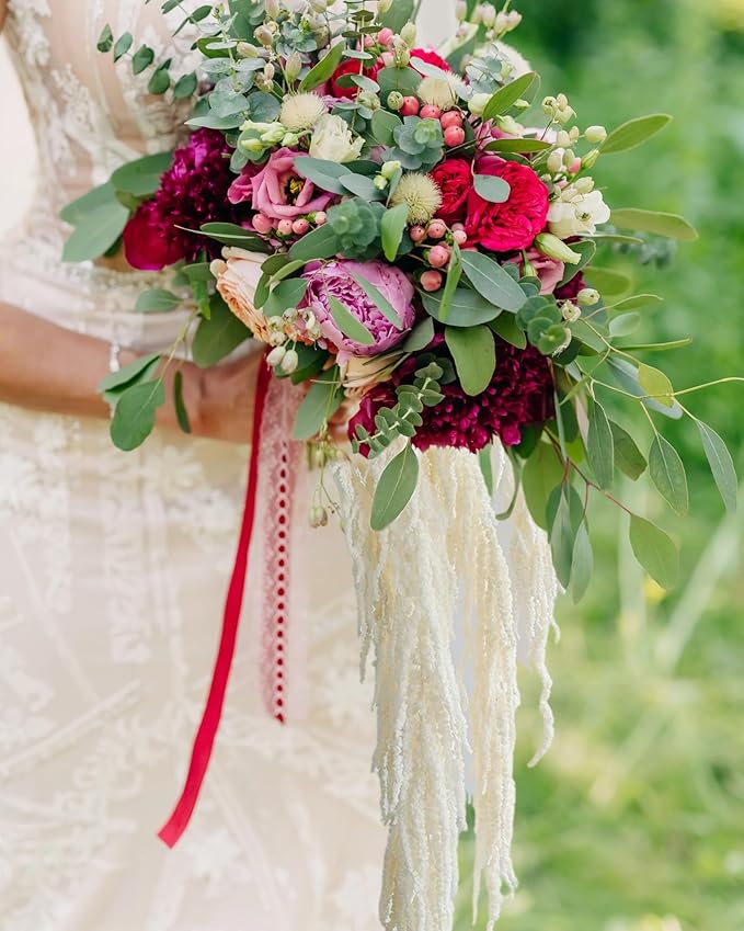 20Pcs Preserved Hanging Amaranthus Flowers - Ivory White 23"-27" Extra Full Cascading Dried Florals for Wedding Decor, Arch Installations, Vase Filler, Home Styling