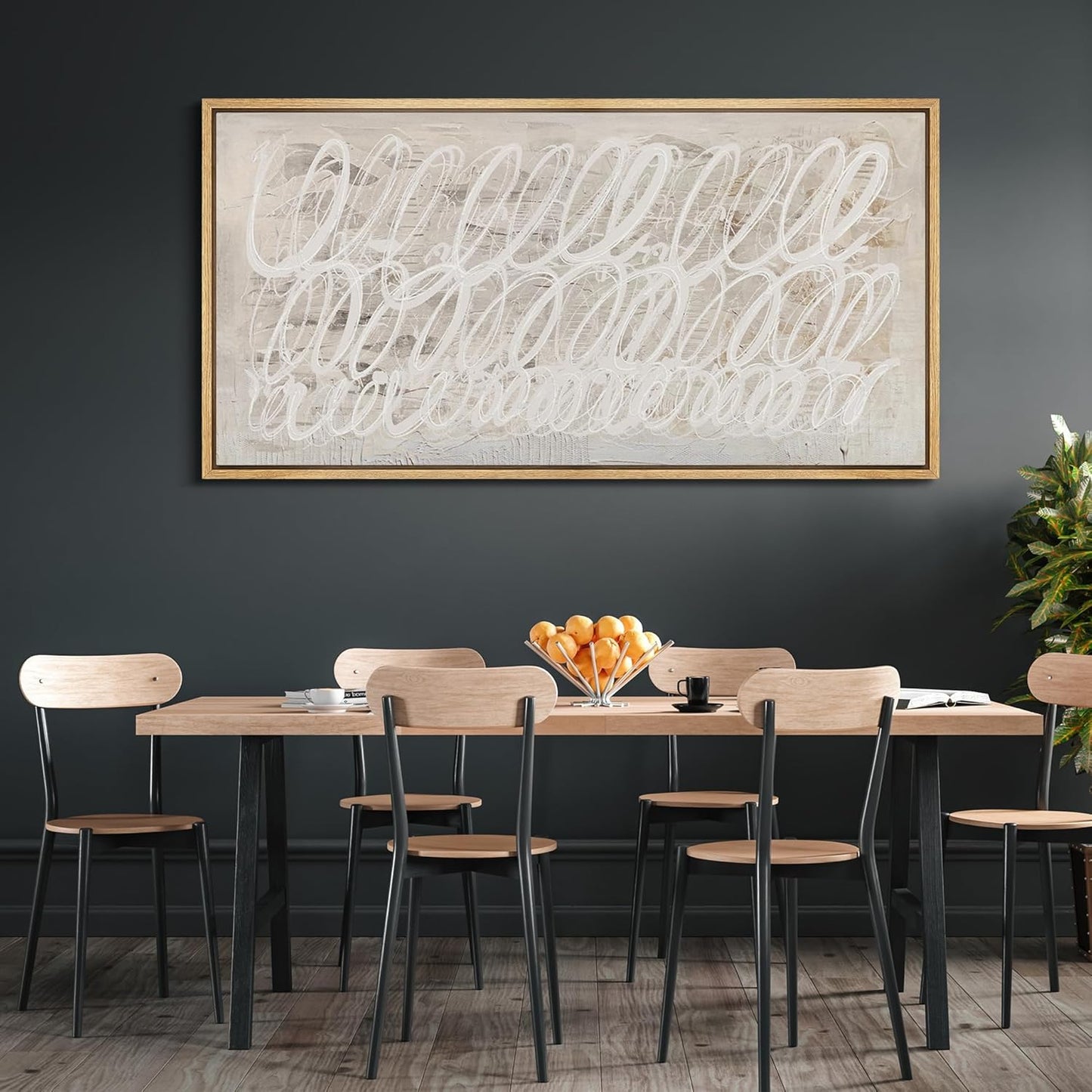 MUDECOR Extra Large Framed Canvas Print Wall Art White Abstract Calligraphy Antique Retro Fine Art Illustrations Decorative Colorful for Bedroom - 60"x30"