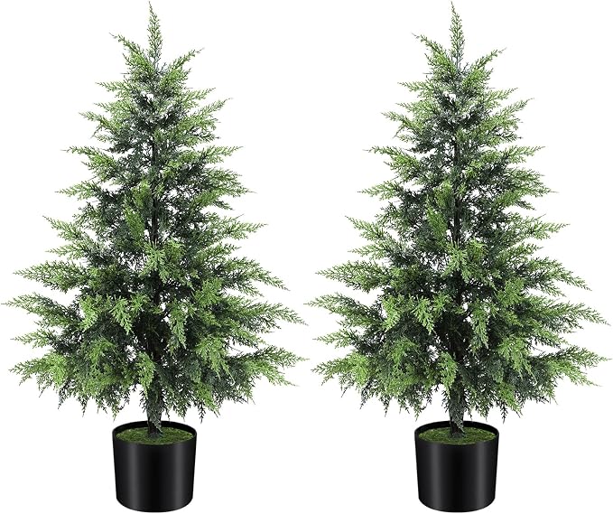 ENVEN Outdoor Artificial Topiary Cedar Tree Real Touch Faux Pine Evergreen Shrub Plant UV Resistant Greenery Tree with Pot Realistic Cypress Front Porch Decor (3FT-1Pack)