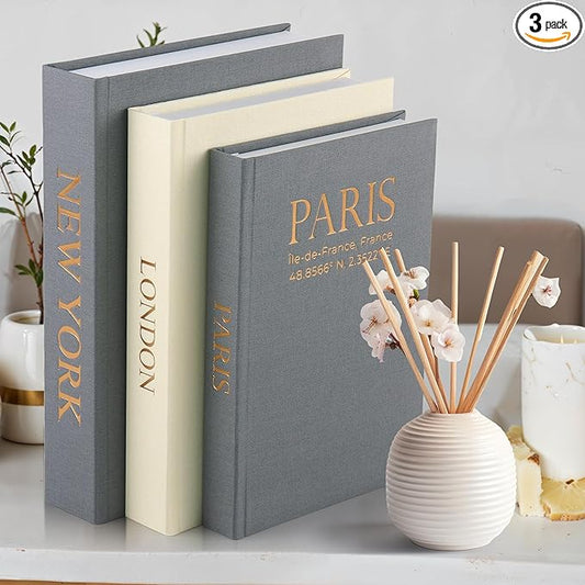 Faux Book Storage Box Set (Set of 3) – Decorative Faux Books with Hidden Storage for Coffee Table Decor, Bookshelf or Mantle – Linen Decorative Book Boxes – Aesthetic Decor for Homes