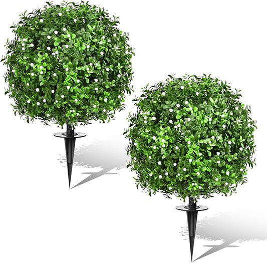 FAJUNZH Artificial Topiary Bushes for Outdoors with Spike, Boxwood Ball Fake Shrubs UV Resistant Faux Plants for Indoor Outdoor Fall Thanksgiving Halloween Decor (Gypsophila Boxwood White-2 Packs)