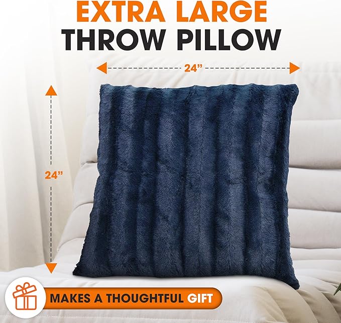 Cheer Collection Faux Fur Throw Pillows - Decorative Pillows for Couch, Bed Throw Pillows, Blue Accent Pillows for Bedroom or Living Room Aesthetic, Set of 2 Furry Throw Pillows, 24" x 24"