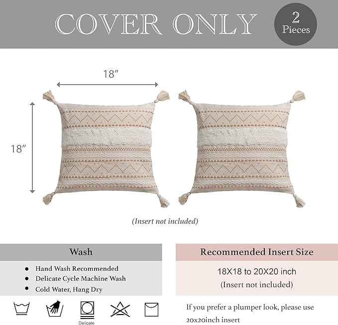 BlissBlush Decorative Throw Pillow Covers 18X18 Combo Set of 2 Square Cream Neutral White Boho Accent Pillowcase Tassels Farmhouse Cushion for Couch Sofa Bedroom Living Room Home Décor Cover ONLY