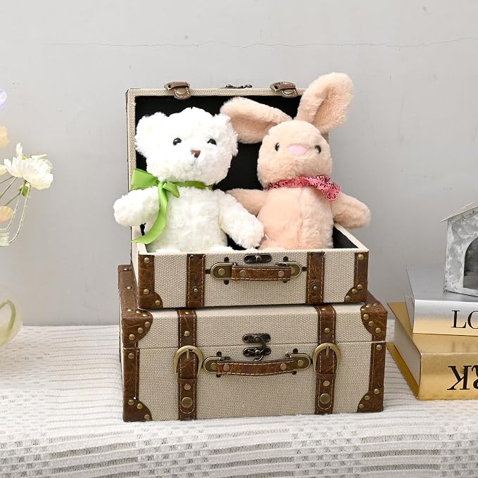 DECOR4SEASON Rustic Linen Decorative Storage Trunk Set, Vintage Canvas Fabric Nested Treasure Chests with Brown PU Leather Trim and Brass Accents, Set of 2 Faux Suitcase Home Decor Boxes