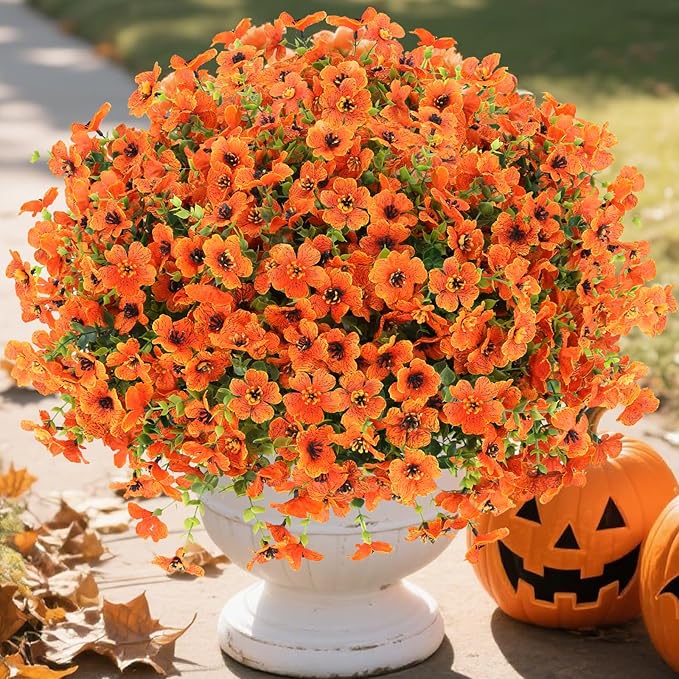 MERIXMAS 24 Bundles Fall Flowers Artificial for Halloween Decoration Outdoors, Fake Plants Autumn, Mums Daisy Eucalyptus Realistic UV Resistant for Garden Patio Porch Home Decor, Orange