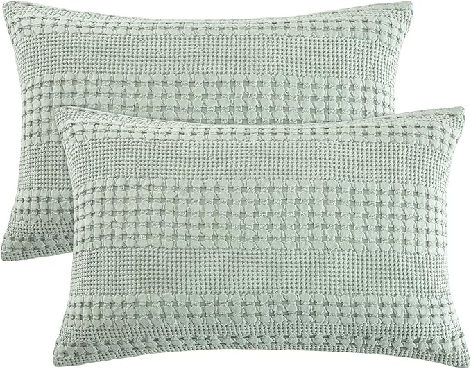 PHF 100% Cotton Waffle Pillow Shams Queen Size, 2 Pack 20" x 30" Soft Skin-Friendly Pillowcases, No Filling, Aesthetic Woven and Breathable Waffle Weave Pillow Case Covers for Bed, Mint Green