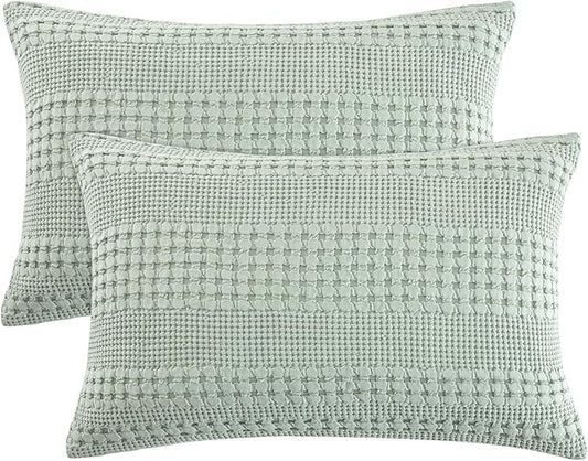 PHF 100% Cotton Waffle Pillow Shams Queen Size, 2 Pack 20" x 30" Soft Skin-Friendly Pillowcases, No Filling, Aesthetic Woven and Breathable Waffle Weave Pillow Case Covers for Bed, Mint Green