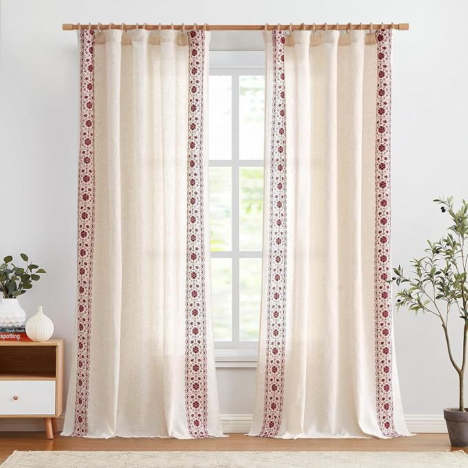jinchan Boho Curtains for Bedroom Red Vintage Floral Farmhouse Curtains 96 Inches Long Linen Blend Drapes for Living Room Embroidered Light Filtering Drapes Rod Pocket Red on Beige 2 Panels
